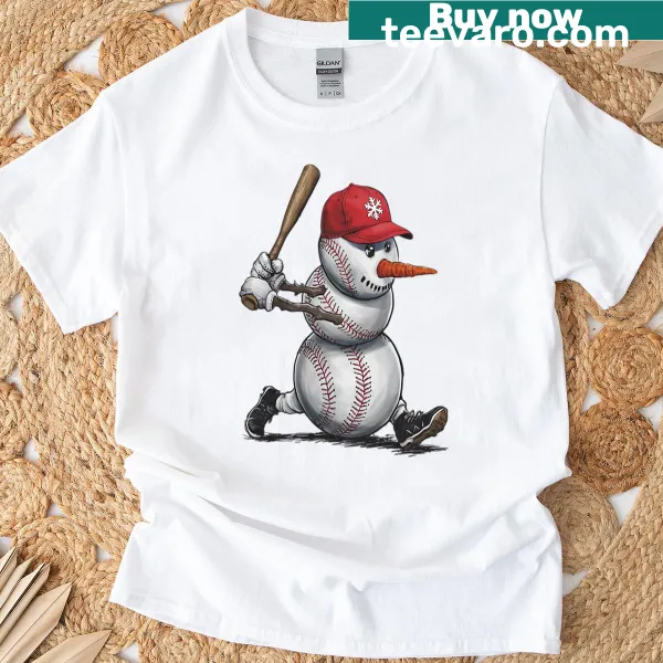 Cartoon snowman playing baseball in a Christmas t-shirt