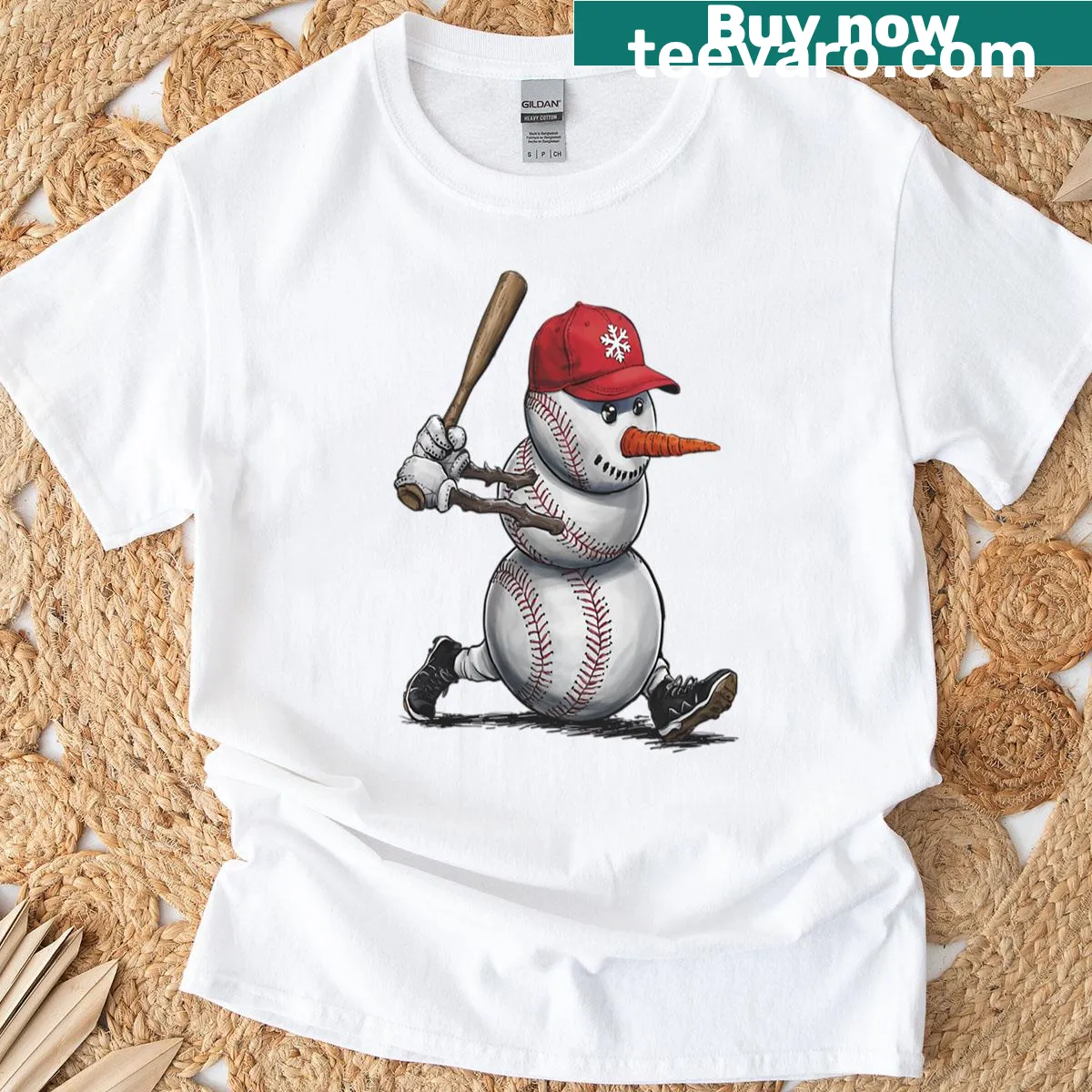 Cartoon snowman playing baseball in a Christmas t-shirt — on a men's t-shirt