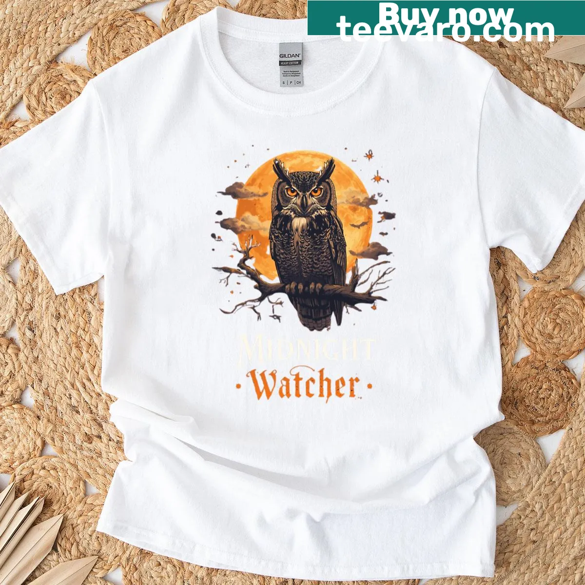 Gothic owl design against a full moon for Halloween on a T-shirt. — on a men's t-shirt