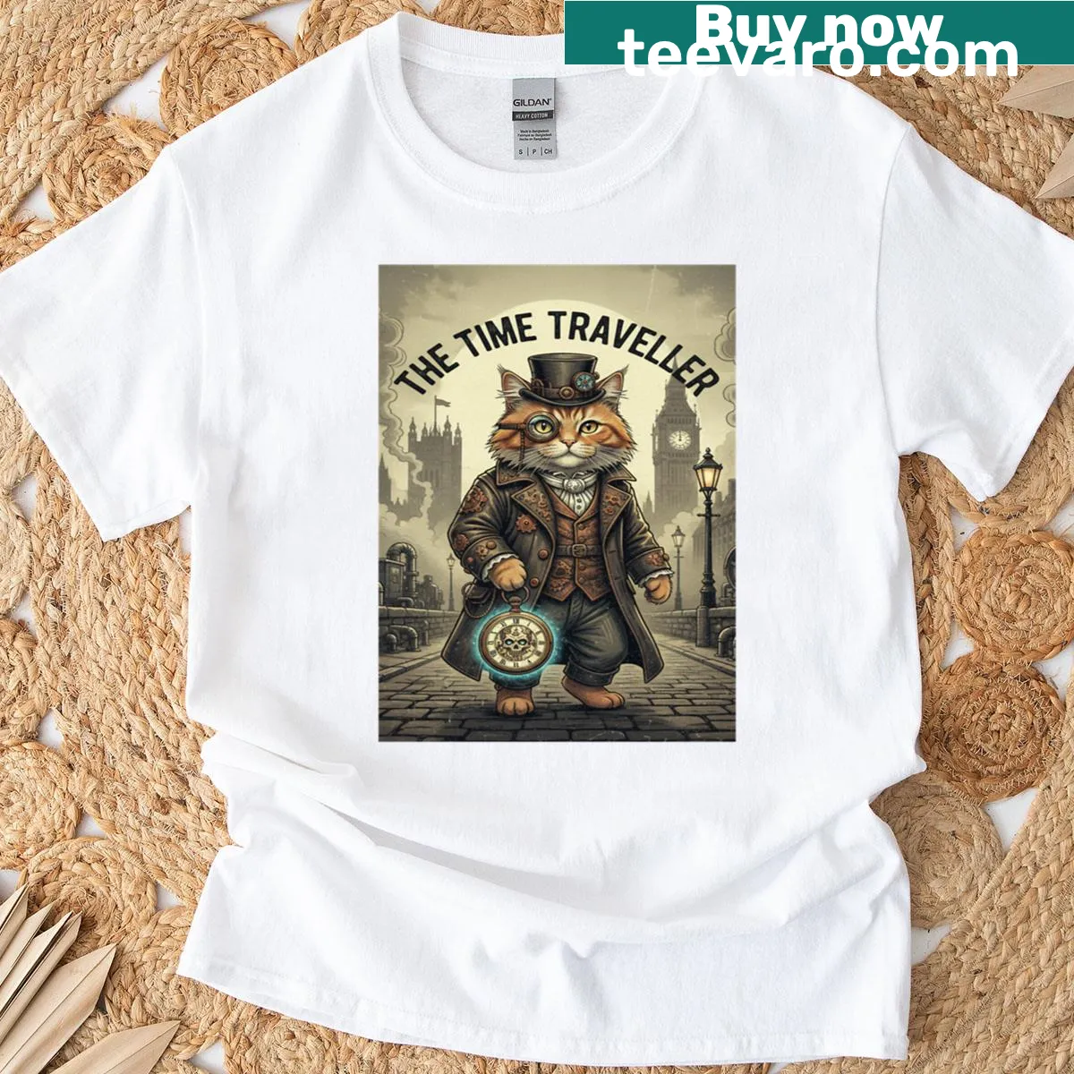 Steampunk detective cat t-shirt with Victorian mystery artwork — on a men's t-shirt