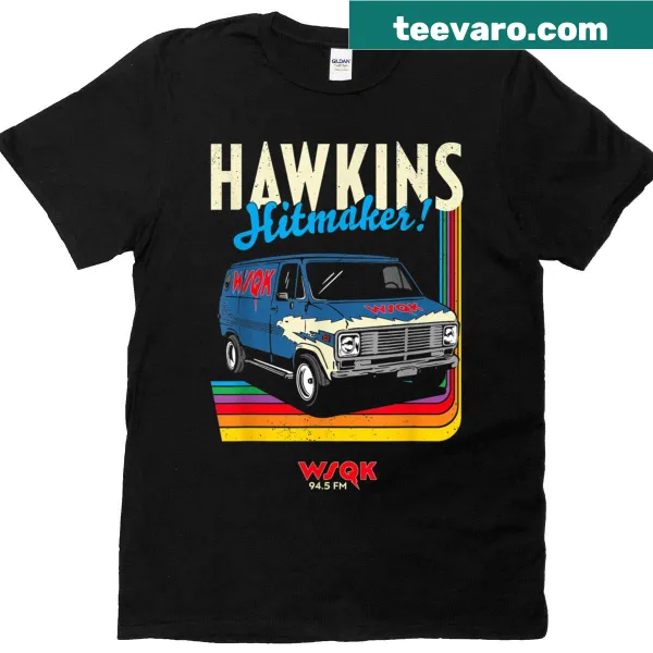 Vintage-style T-shirt featuring the Hawkins Hitmaker logo from Stranger Things.