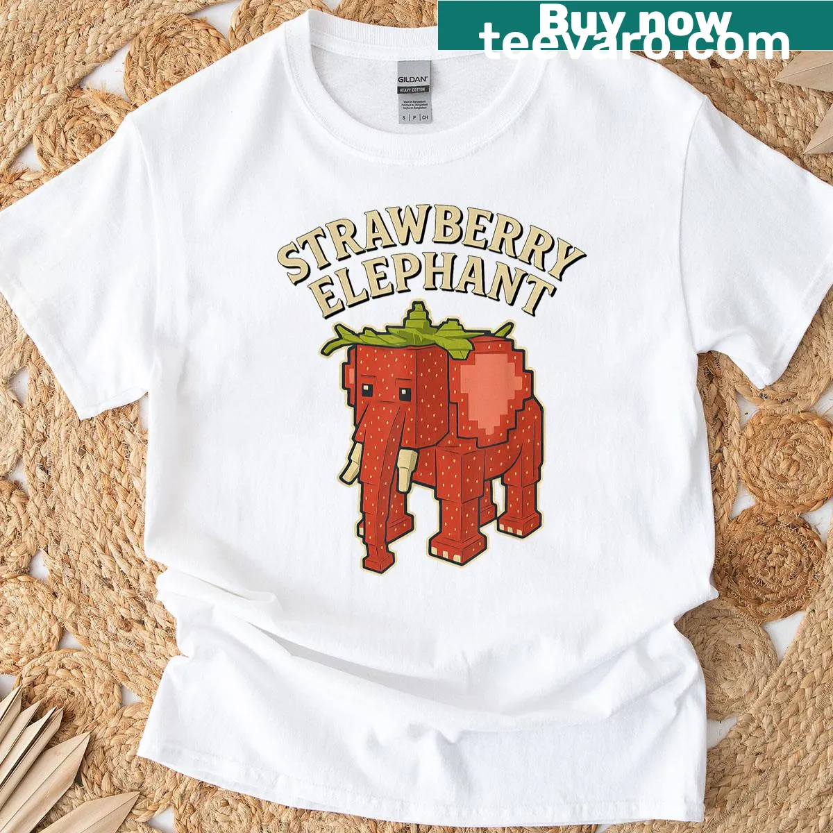 Funny kids t-shirt featuring a cartoon elephant and strawberry — on a men's t-shirt