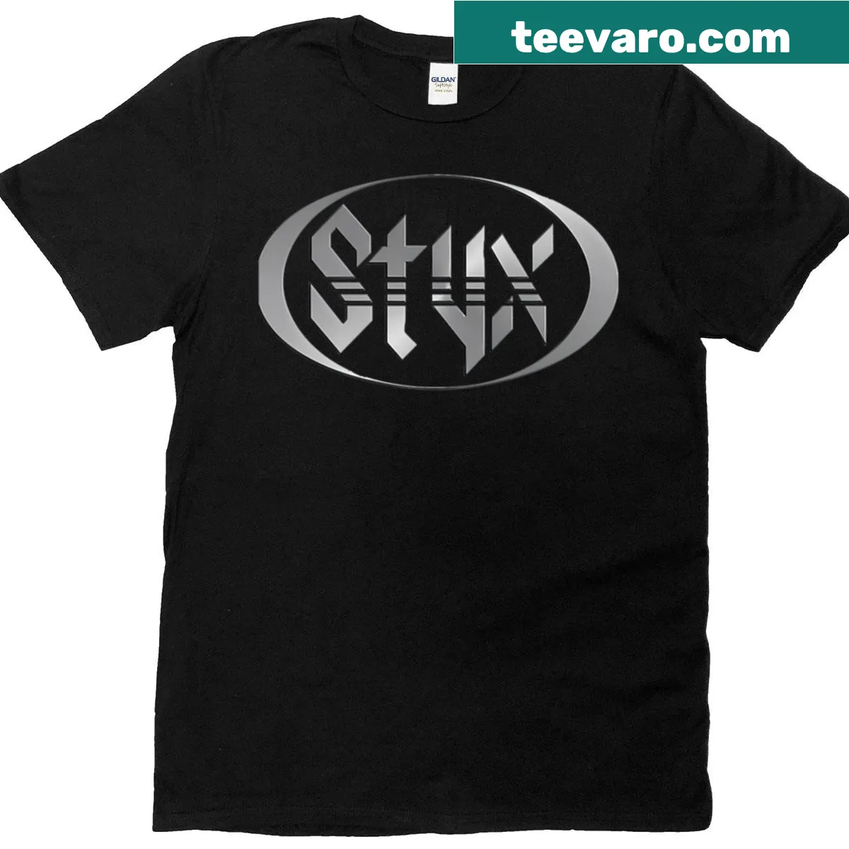 Distressed Styx band logo T-shirt — on a men's t-shirt