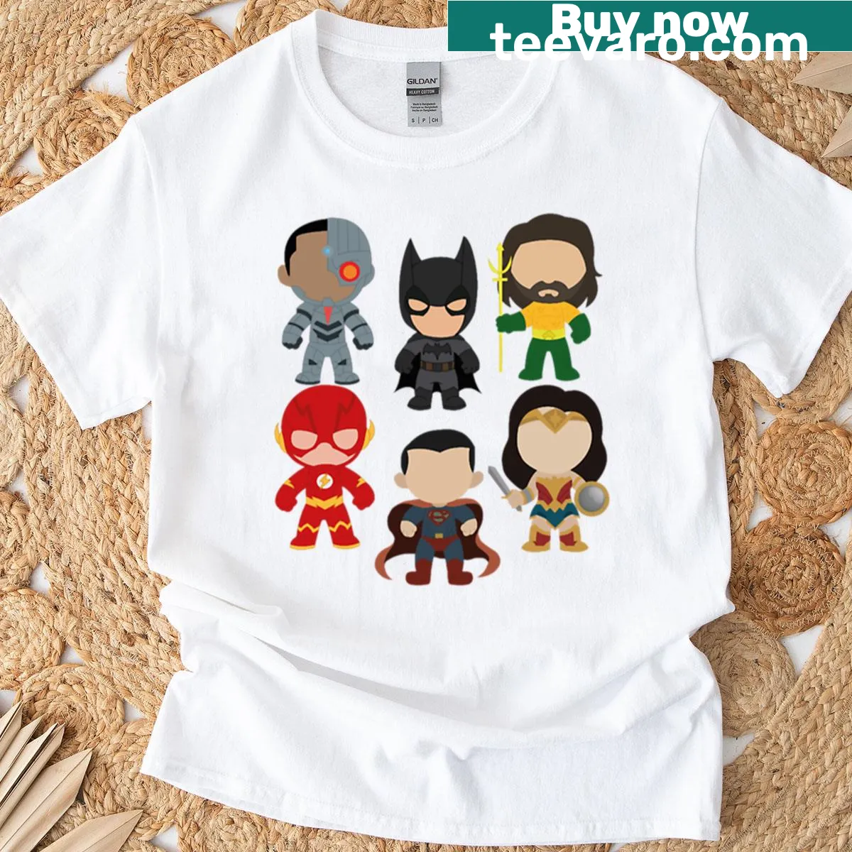 Cute chibi-style superhero t-shirt with whimsical illustrations — on a men's t-shirt