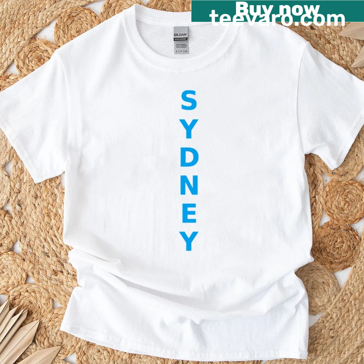 Sydney travel t-shirt with bold vertical city name typography — on a men's t-shirt