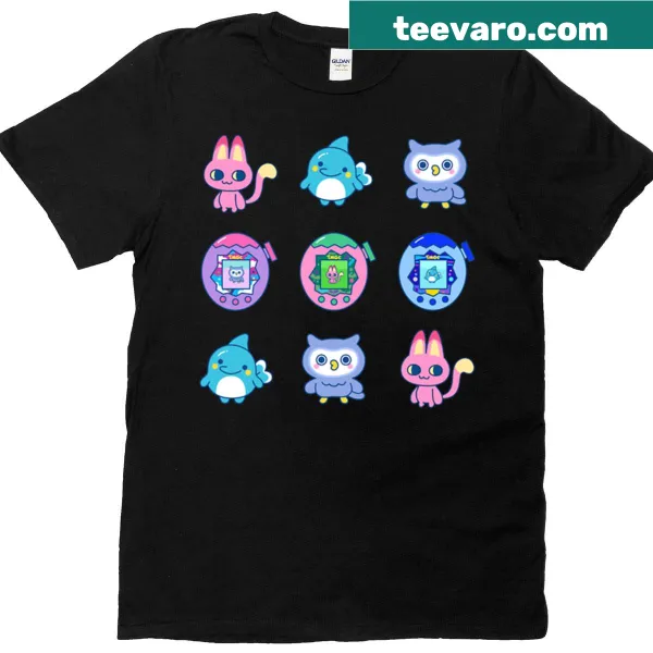 Whimsical T-shirt featuring Tamagotchi characters Irukatchi, Meowtchi, and Horhotchi