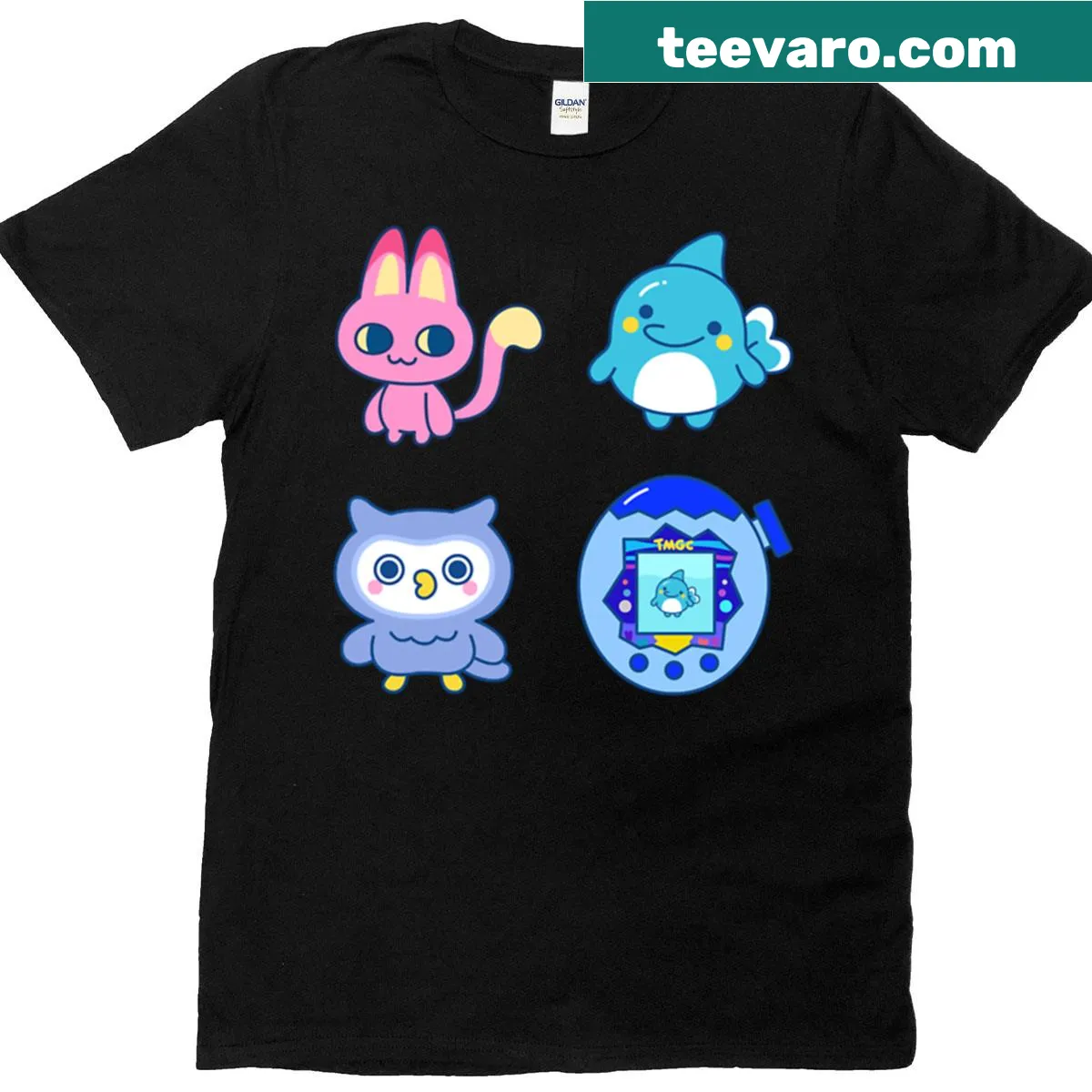 Cartoon-style T-shirt featuring various Tamagotchi characters in a playful design. — on a men's t-shirt