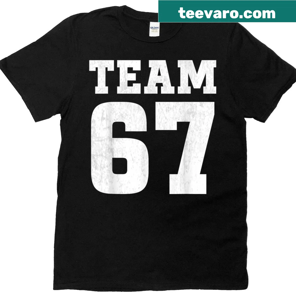 Humorous typography design featuring number 67 on a T-shirt. — on a men's t-shirt