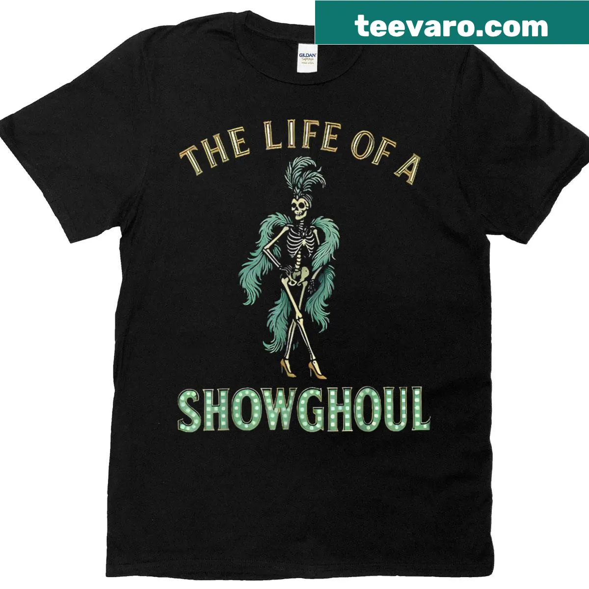 Retro T-shirt featuring a playful showghoul skeleton girl graphic for Halloween. — on a men's t-shirt