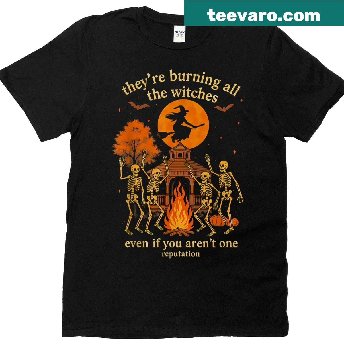 Edgy T-shirt with witches burning and skeleton graphics — on a men's t-shirt