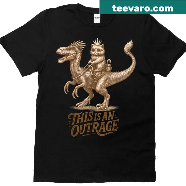 Whimsical T-shirt featuring a princess cat riding a dinosaur