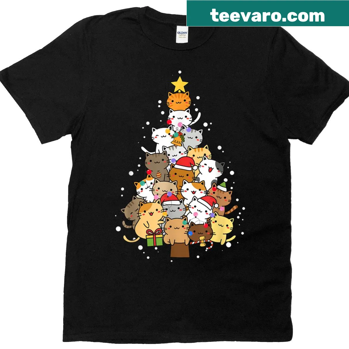 Funny Christmas T-shirt featuring cats in a Christmas tree — on a men's t-shirt