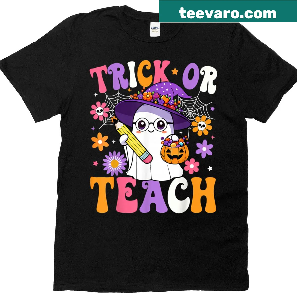 Funny Halloween teacher t-shirt with ghost graphic and slogan — on a men's t-shirt