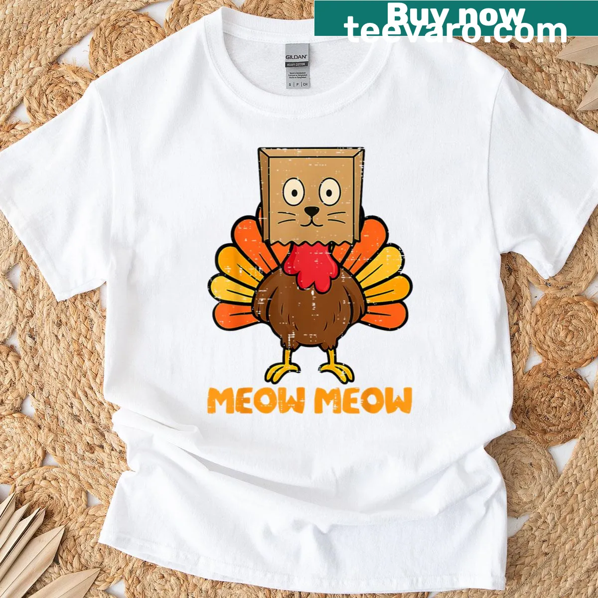 Funny Thanksgiving T-shirt with a cat and turkey graphic — on a men's t-shirt