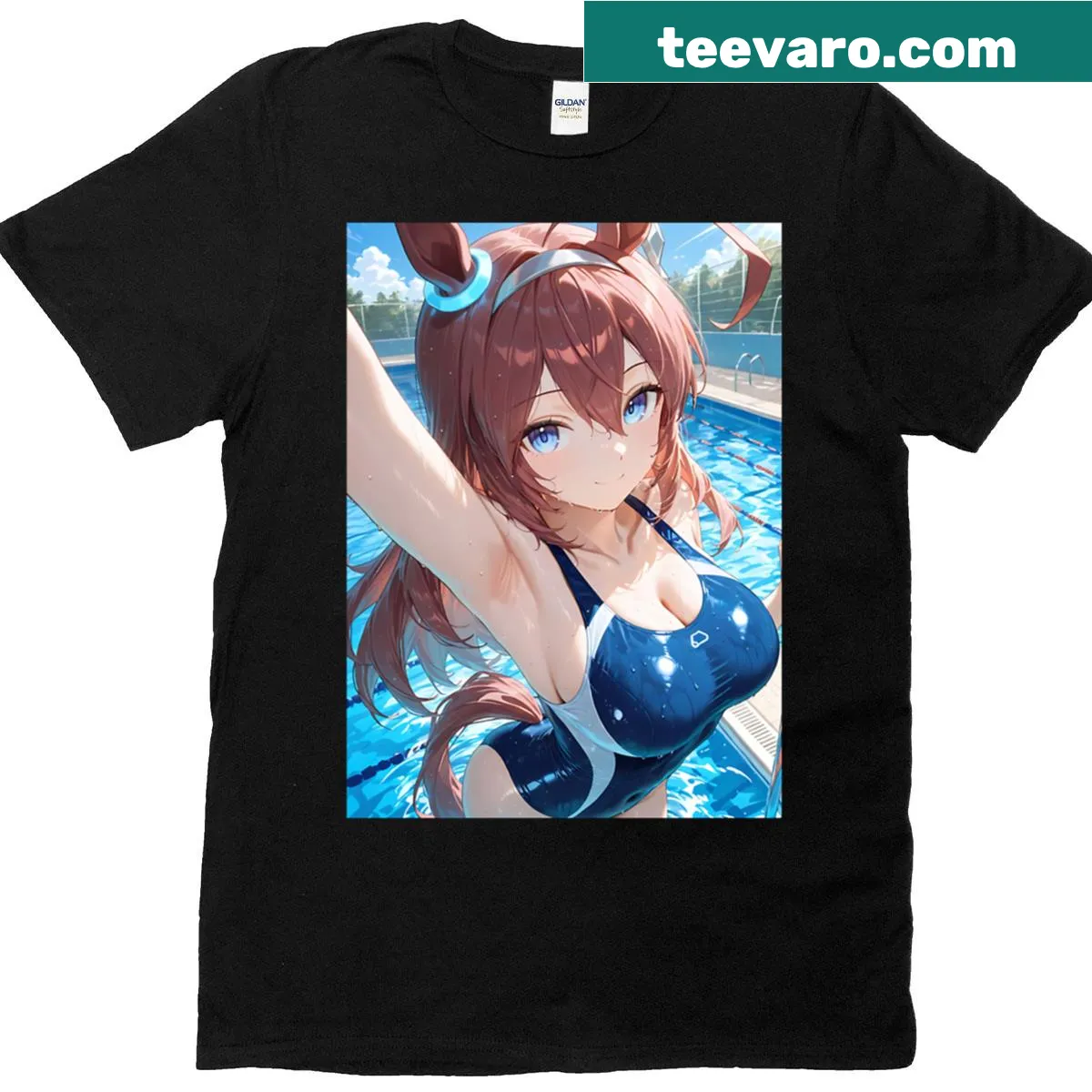 Anime-themed T-shirt featuring Mihono Bourbon in a summer scene — on a men's t-shirt