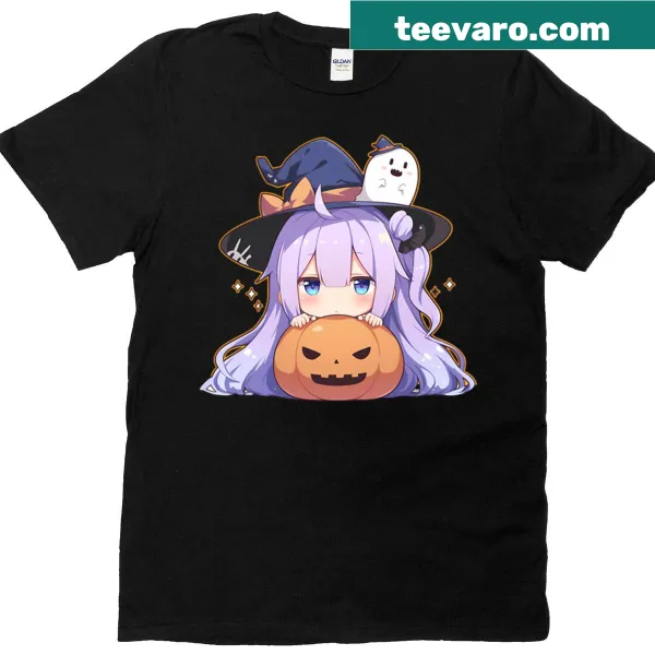Cute Halloween T-shirt with chibi pumpkin witch and ghosts