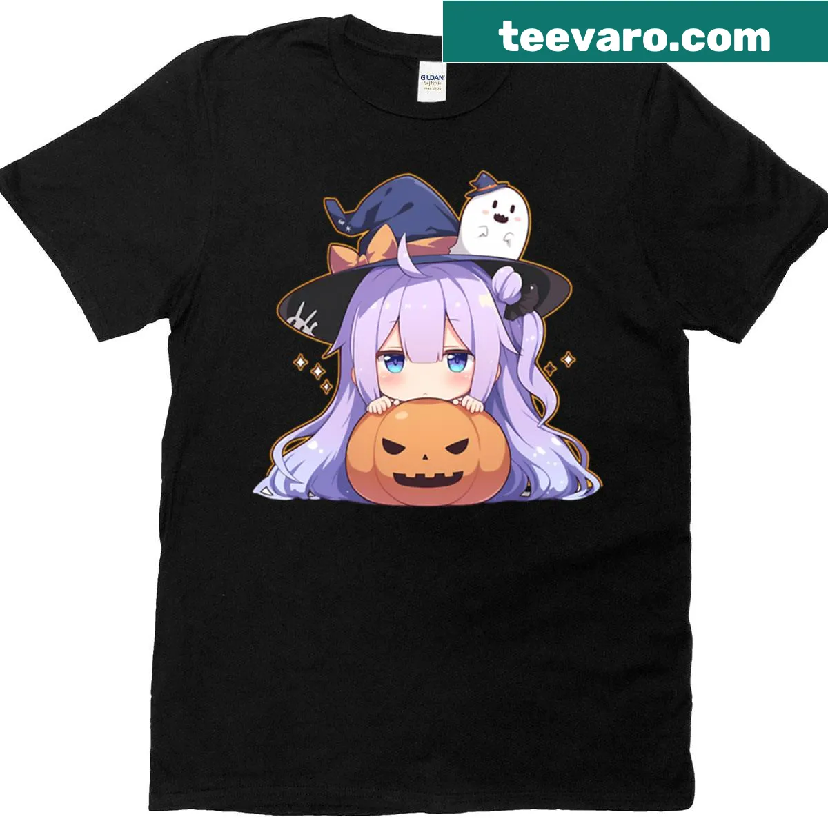 Cute Halloween T-shirt with chibi pumpkin witch and ghosts — on a men's t-shirt