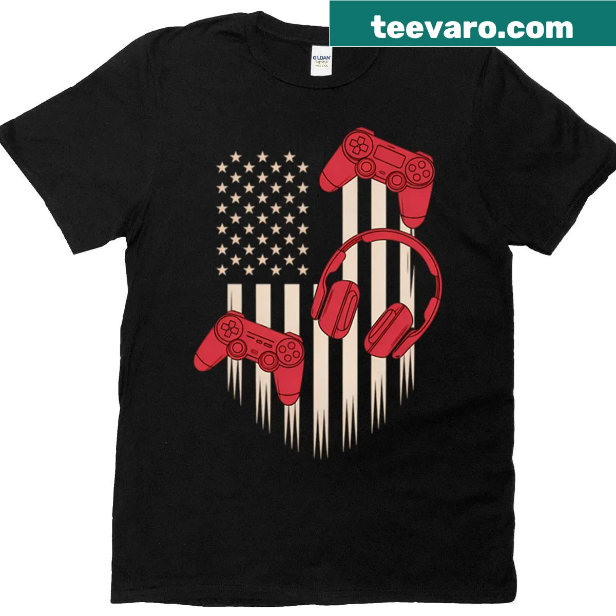 Patriotic gaming t-shirt featuring the U.S. flag and gaming elements — on a men's t-shirt