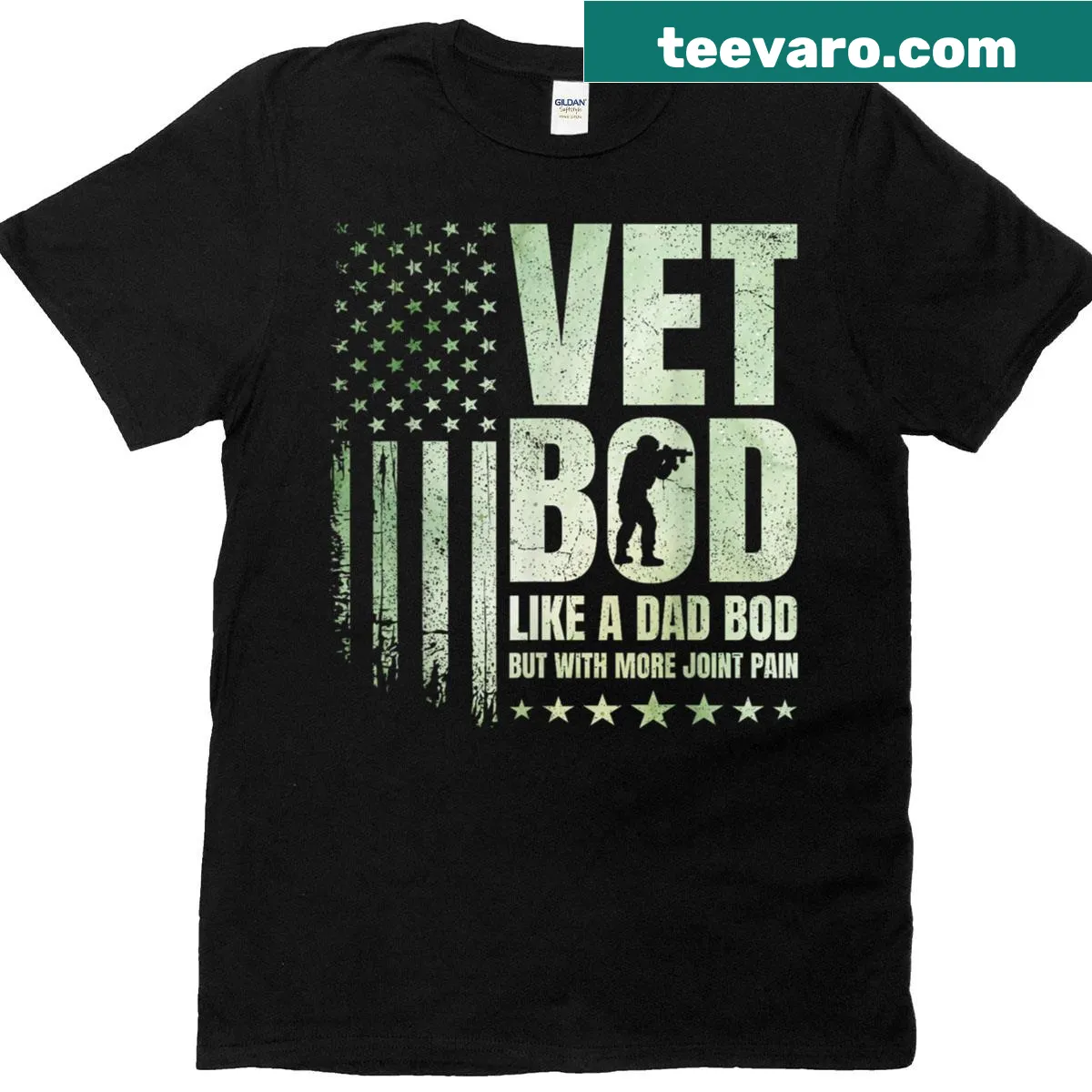 Funny military vet t-shirt with humorous 'Vet Bod' phrase — on a men's t-shirt