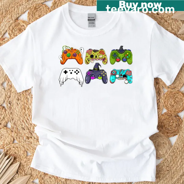 Funny Halloween T-shirt featuring gaming controllers for gamers