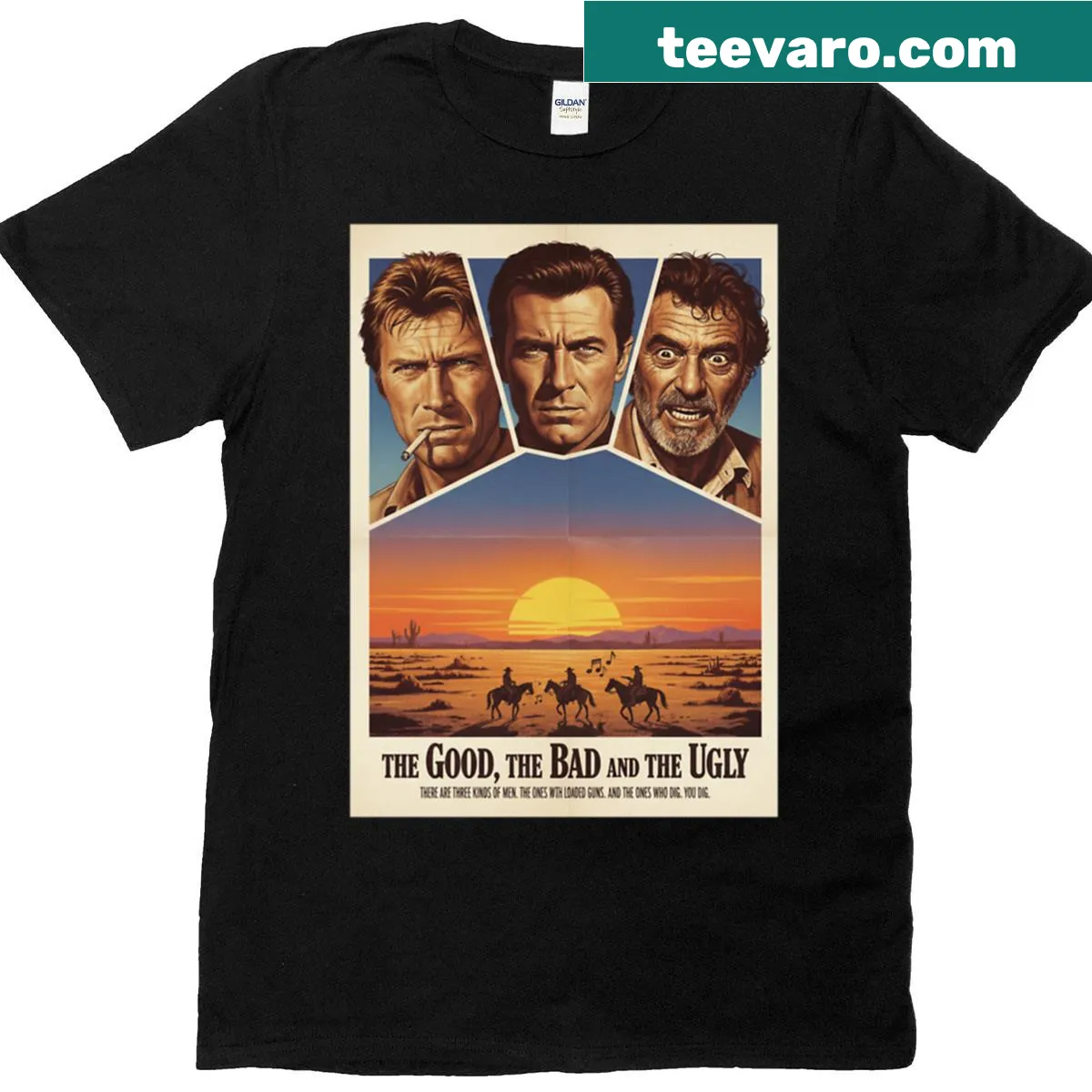 Vintage illustration of The Good The Bad and The Ugly poster graphic on T-shirt — on a men's t-shirt