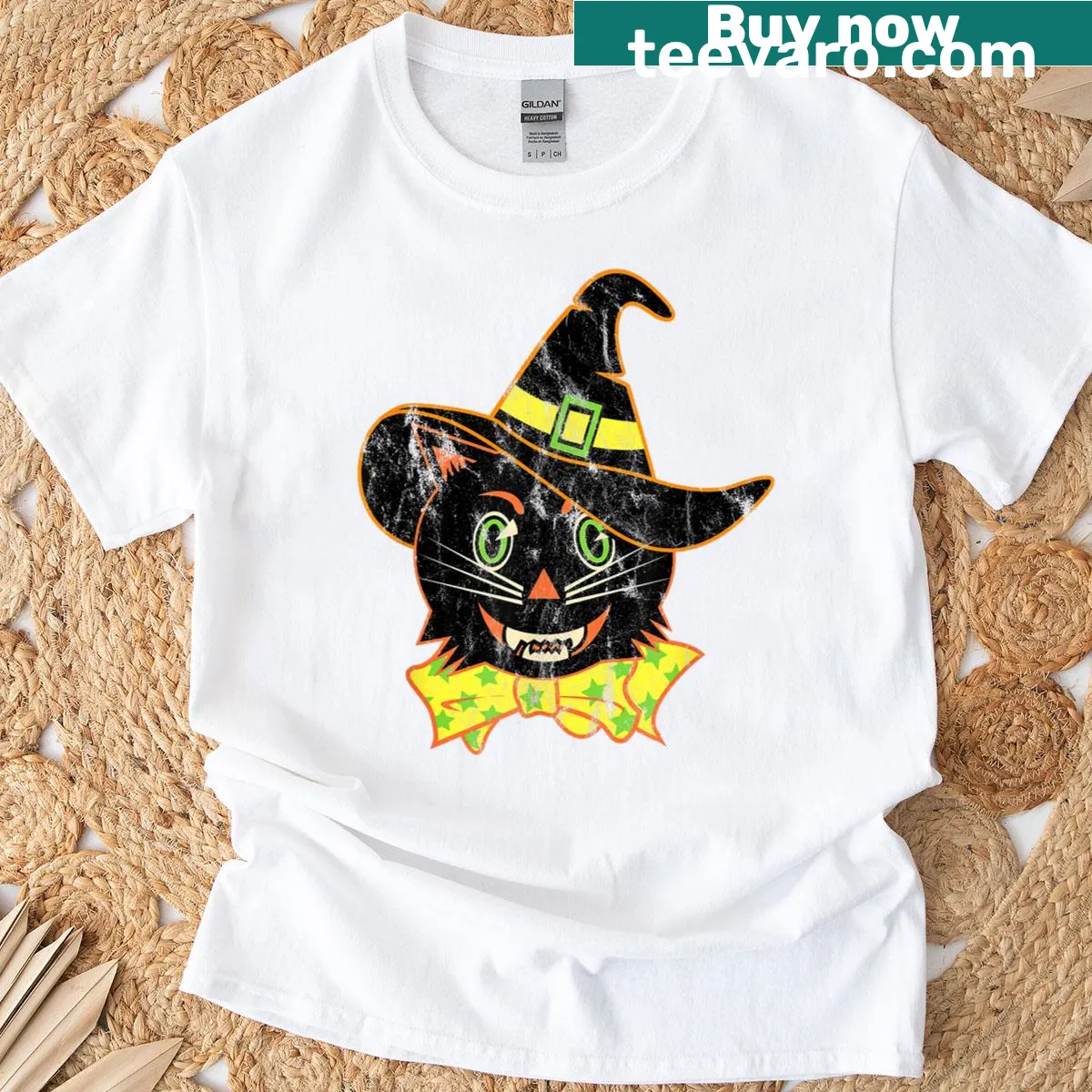 Cartoon cat wearing a witch hat on a t-shirt for Halloween — on a men's t-shirt