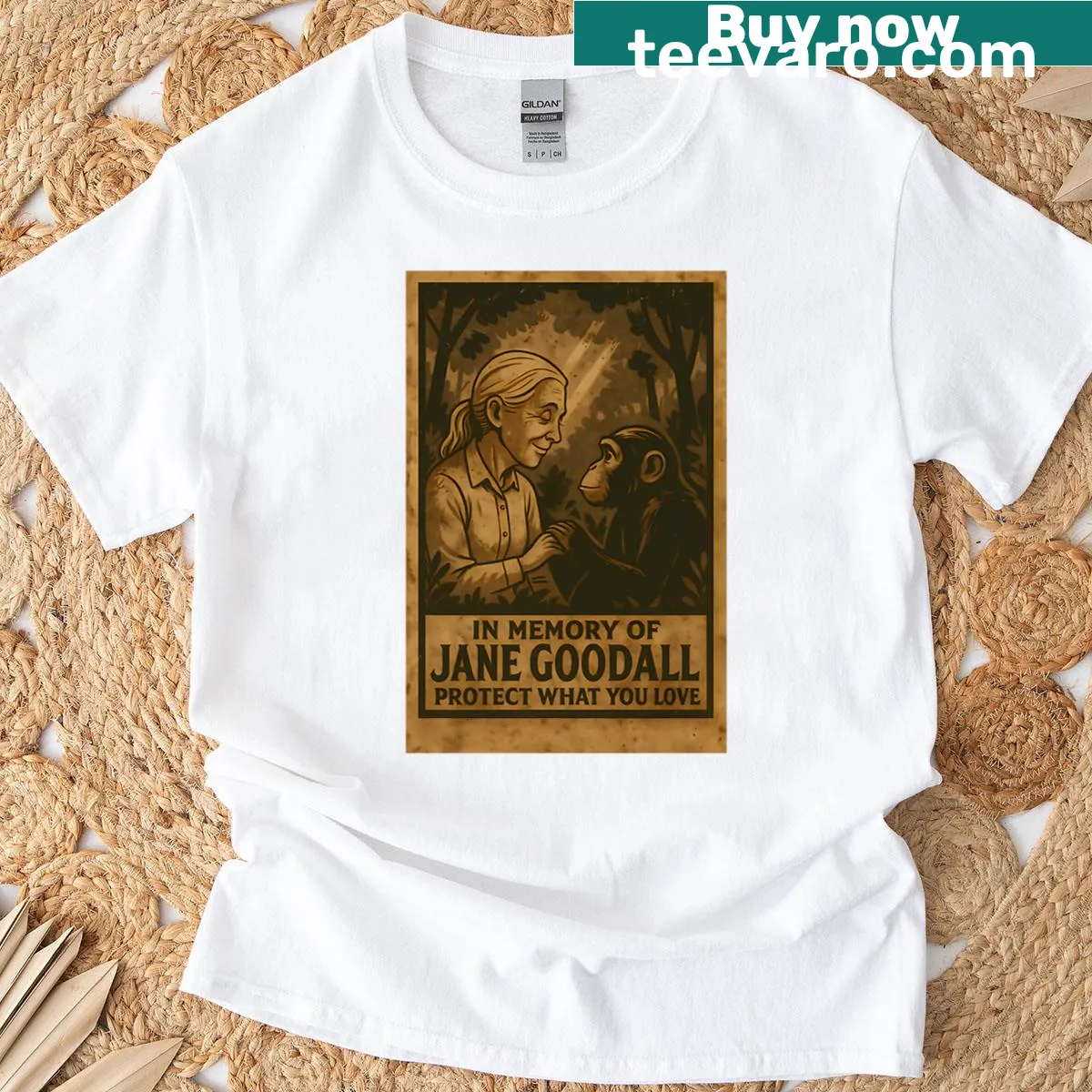 Vintage T-shirt honoring Jane Goodall's legacy in wildlife conservation — on a men's t-shirt