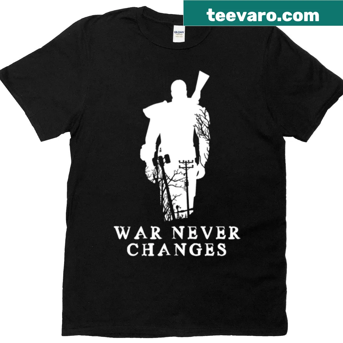 Typographic T-shirt with the phrase 'War Never Changes.' — on a men's t-shirt