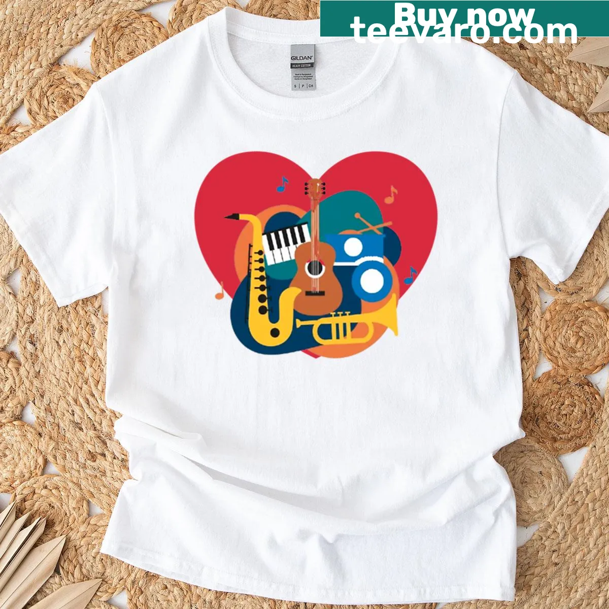 Illustrated heart design with acoustic instruments for music lovers. — on a men's t-shirt