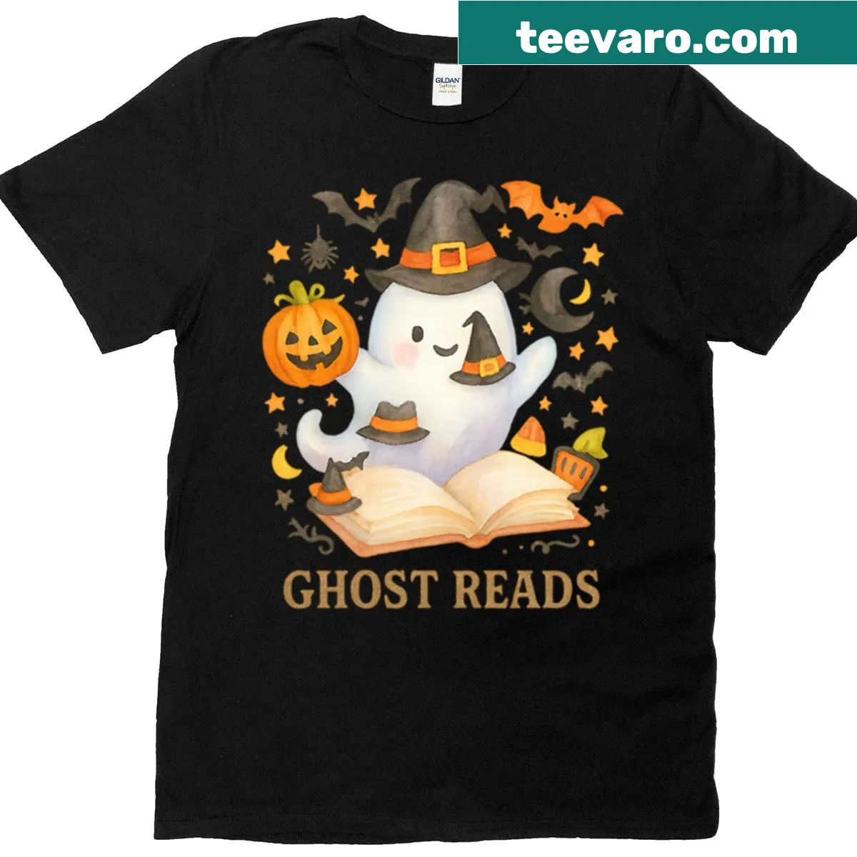 Whimsical ghost reading a book design on a cozy Halloween T-shirt — on a men's t-shirt
