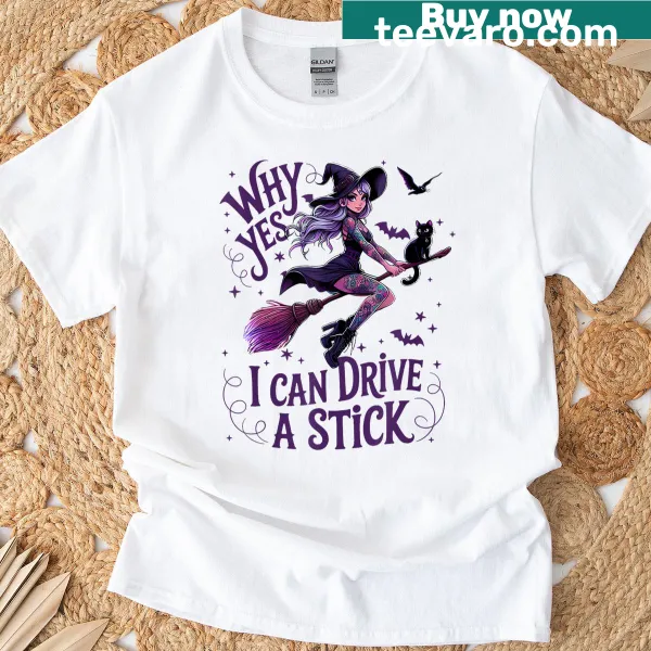 Funny Halloween T-shirt with witch-themed text about driving a stick