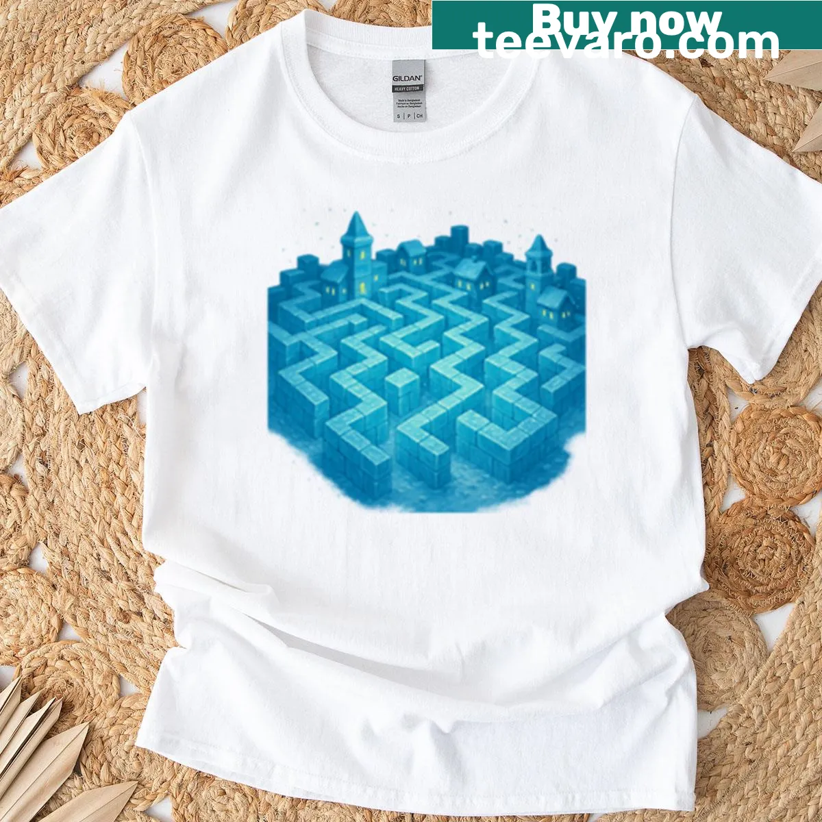 Festive illustration of a maze village on a winter holiday t-shirt — on a men's t-shirt