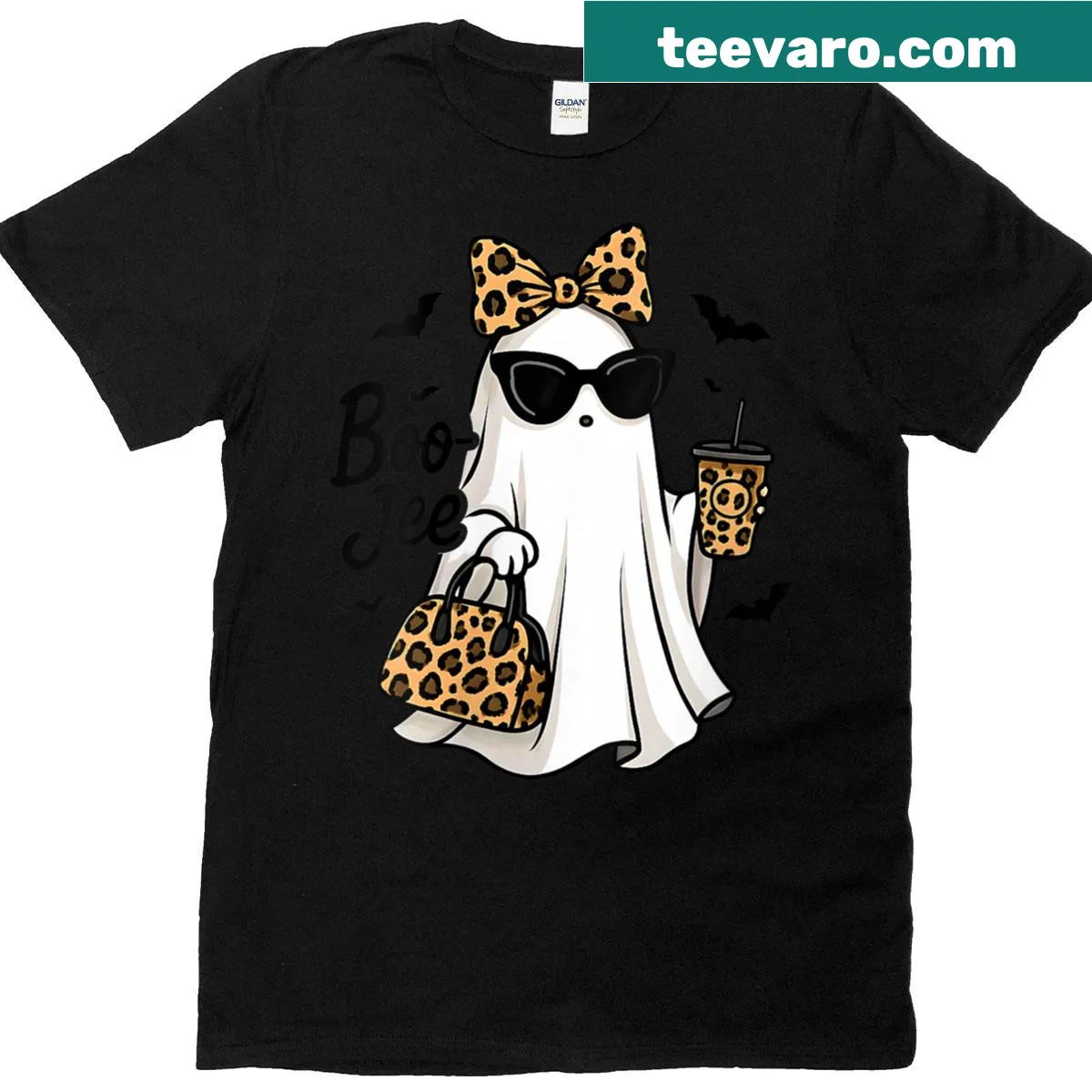 Cute ghost graphic t-shirt for Halloween with coffee — on a men's t-shirt