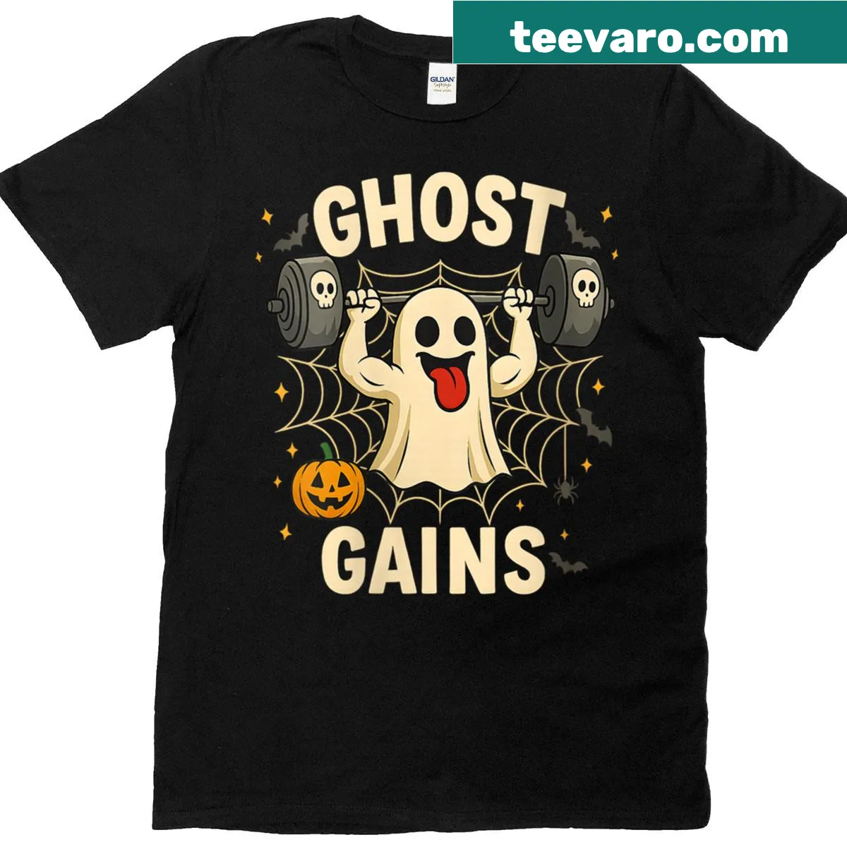 Funny Halloween gym shirt featuring a ghost lifting weights — on a men's t-shirt