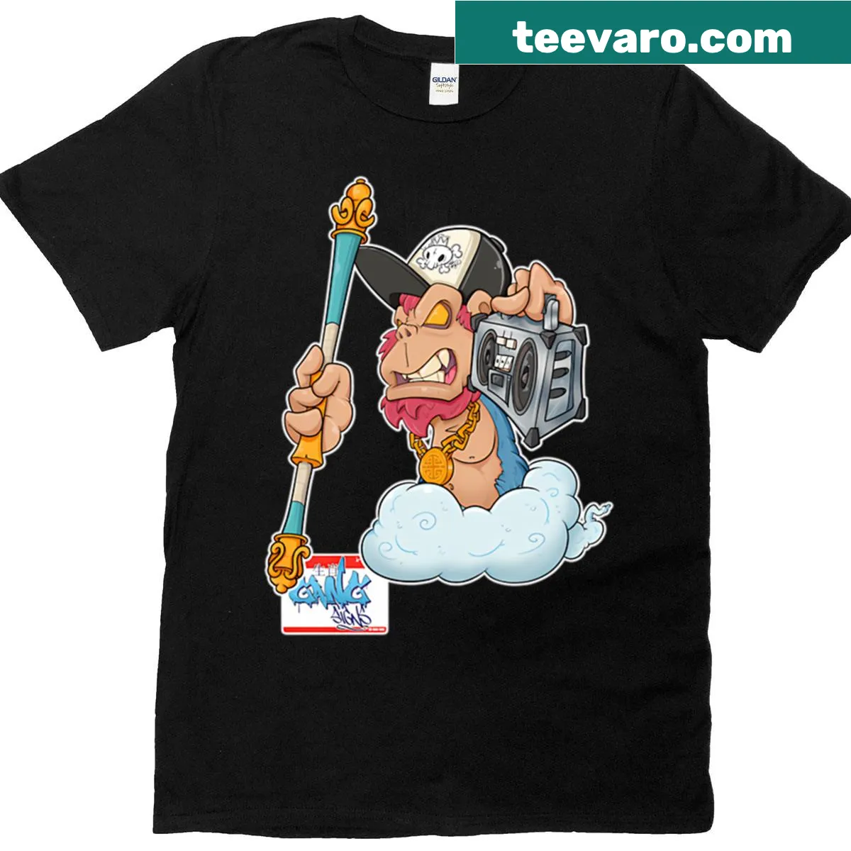 Illustrated Wu Kong Clan gang signs graphic on T-shirt — on a men's t-shirt