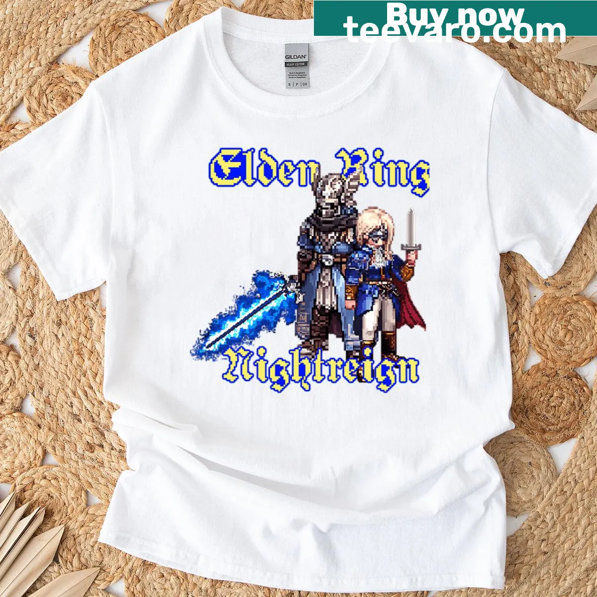 Pixel art of Wylder and Duchess from Elden Ring on a t-shirt — on a men's t-shirt