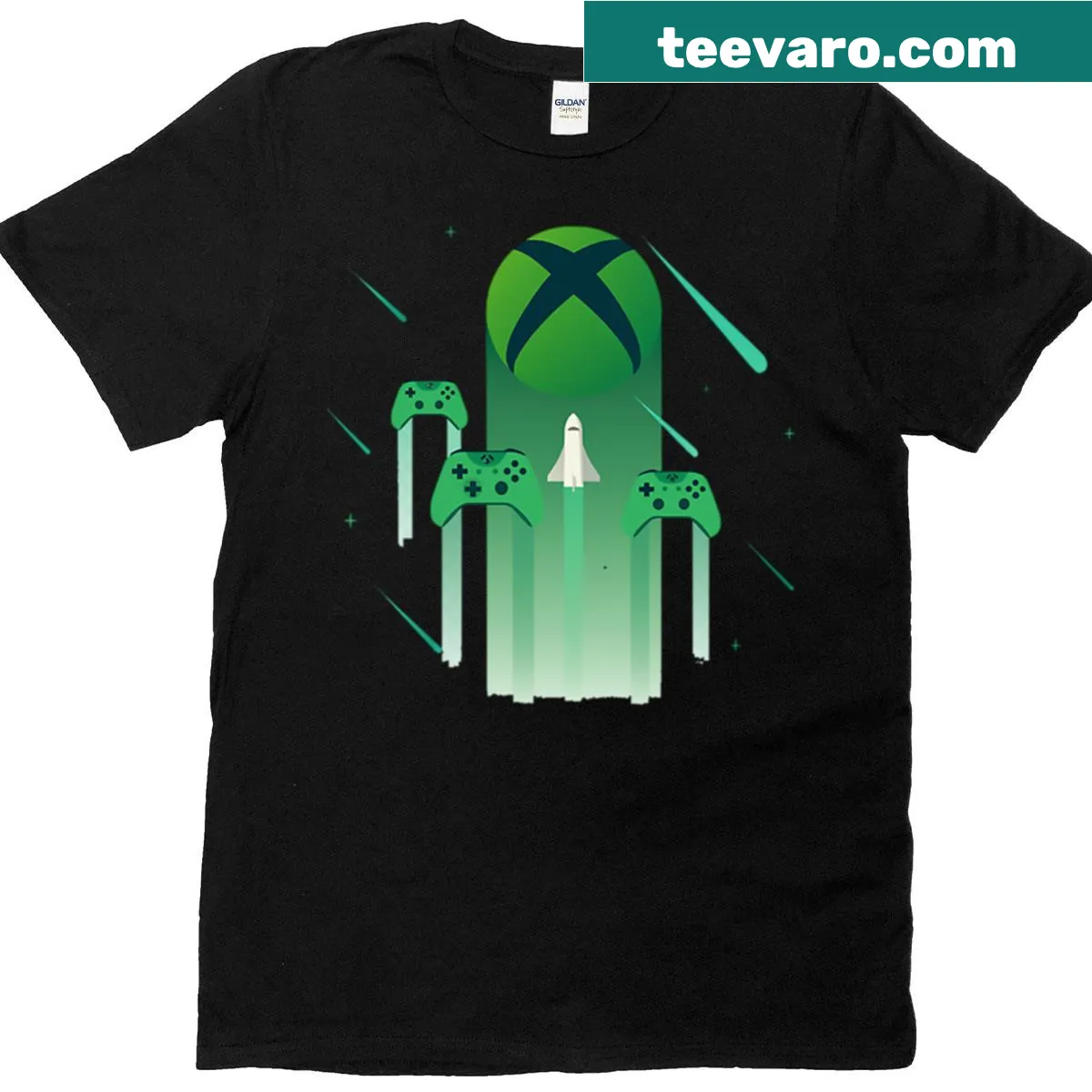 Illustrated Xbox spaceship graphic on T-shirt — on a men's t-shirt