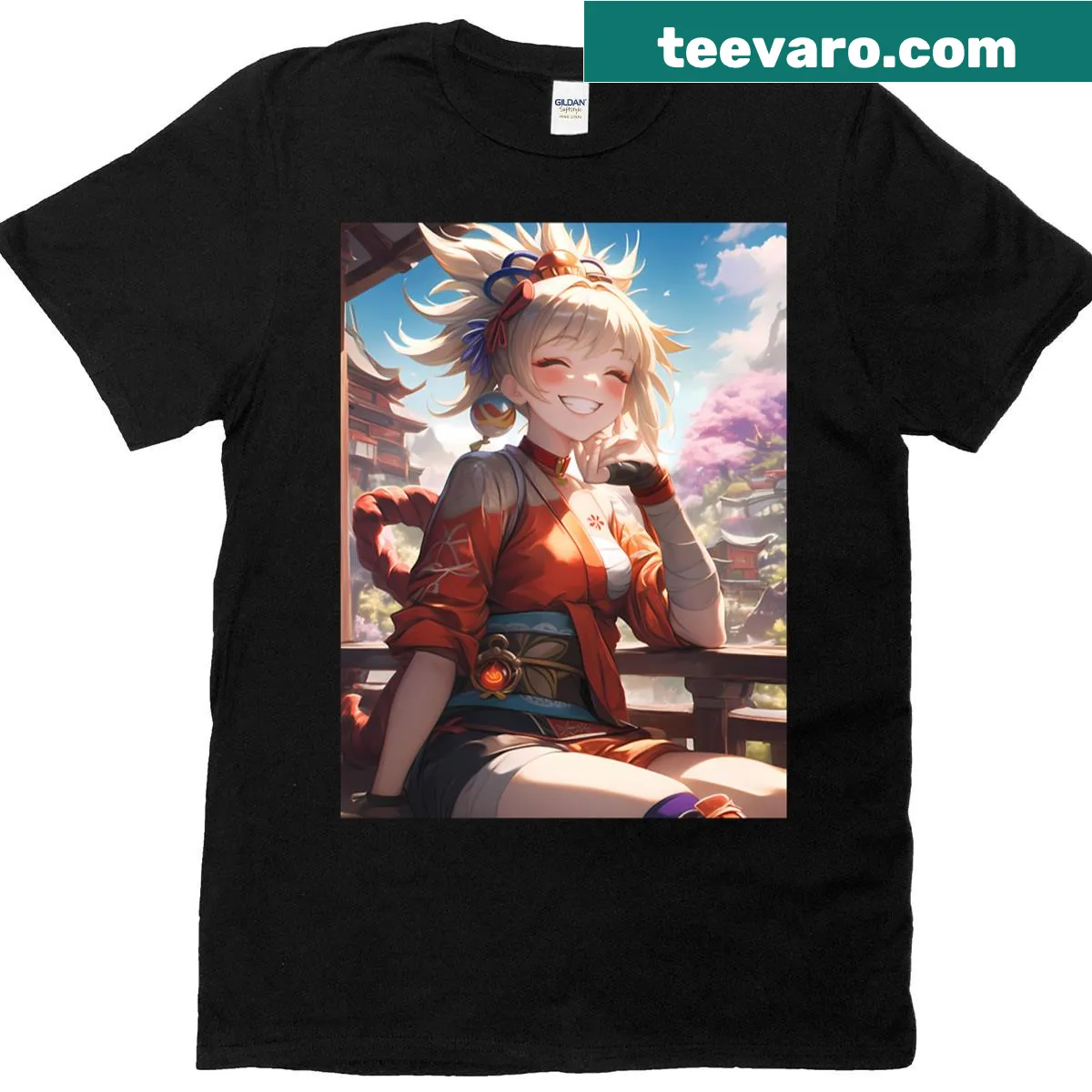 Yoimiya from Genshin Impact under sakura sky illustration — on a men's t-shirt