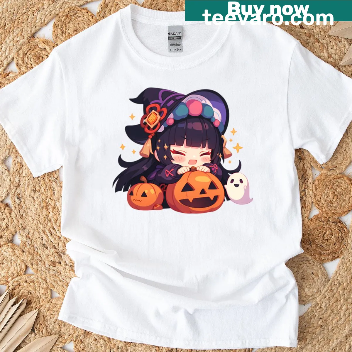 Chibi Yun Jin from Genshin Impact with pumpkins in a cute Halloween design — on a men's t-shirt