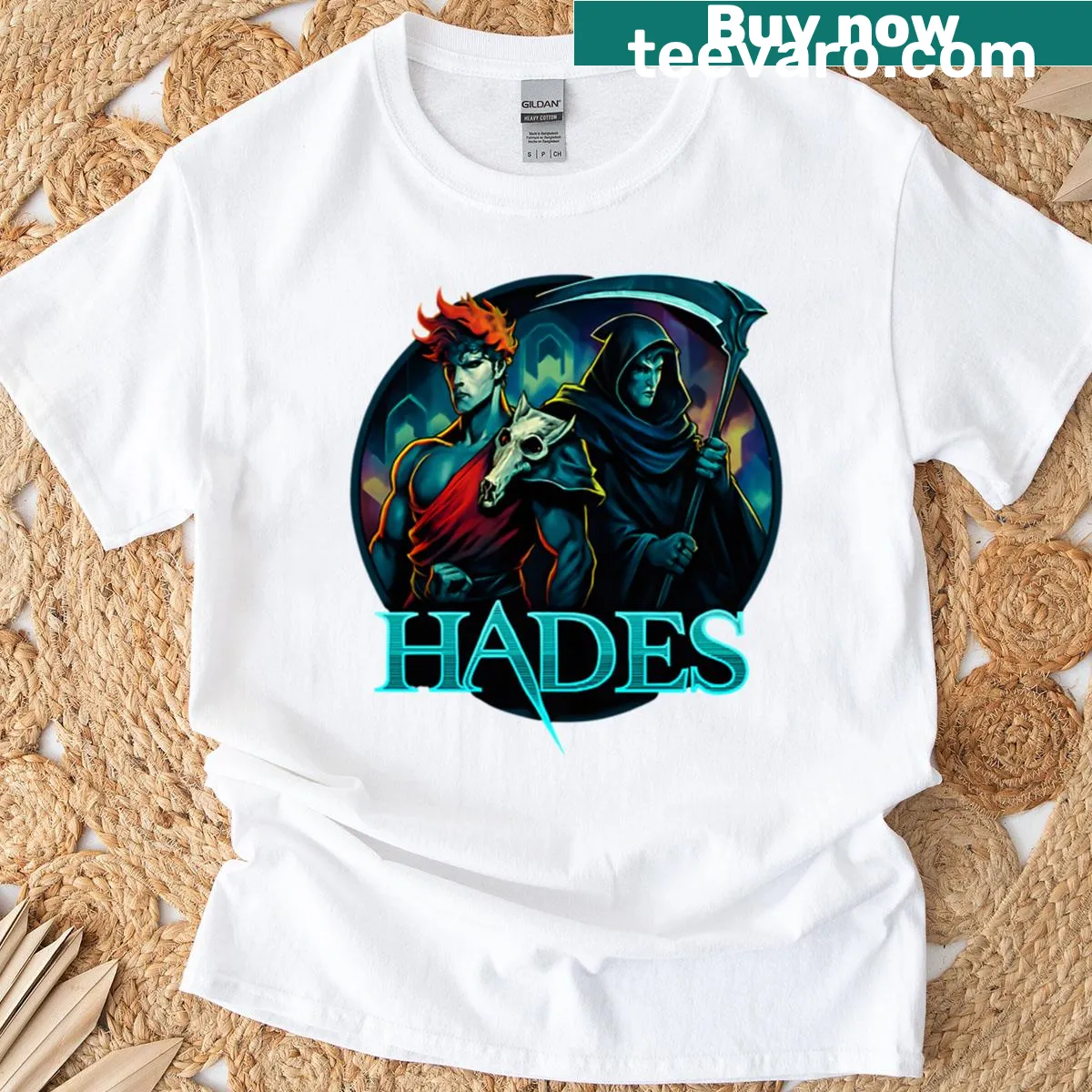 Zagreus and Thanatos graphic from Hades game on T-shirt — on a men's t-shirt
