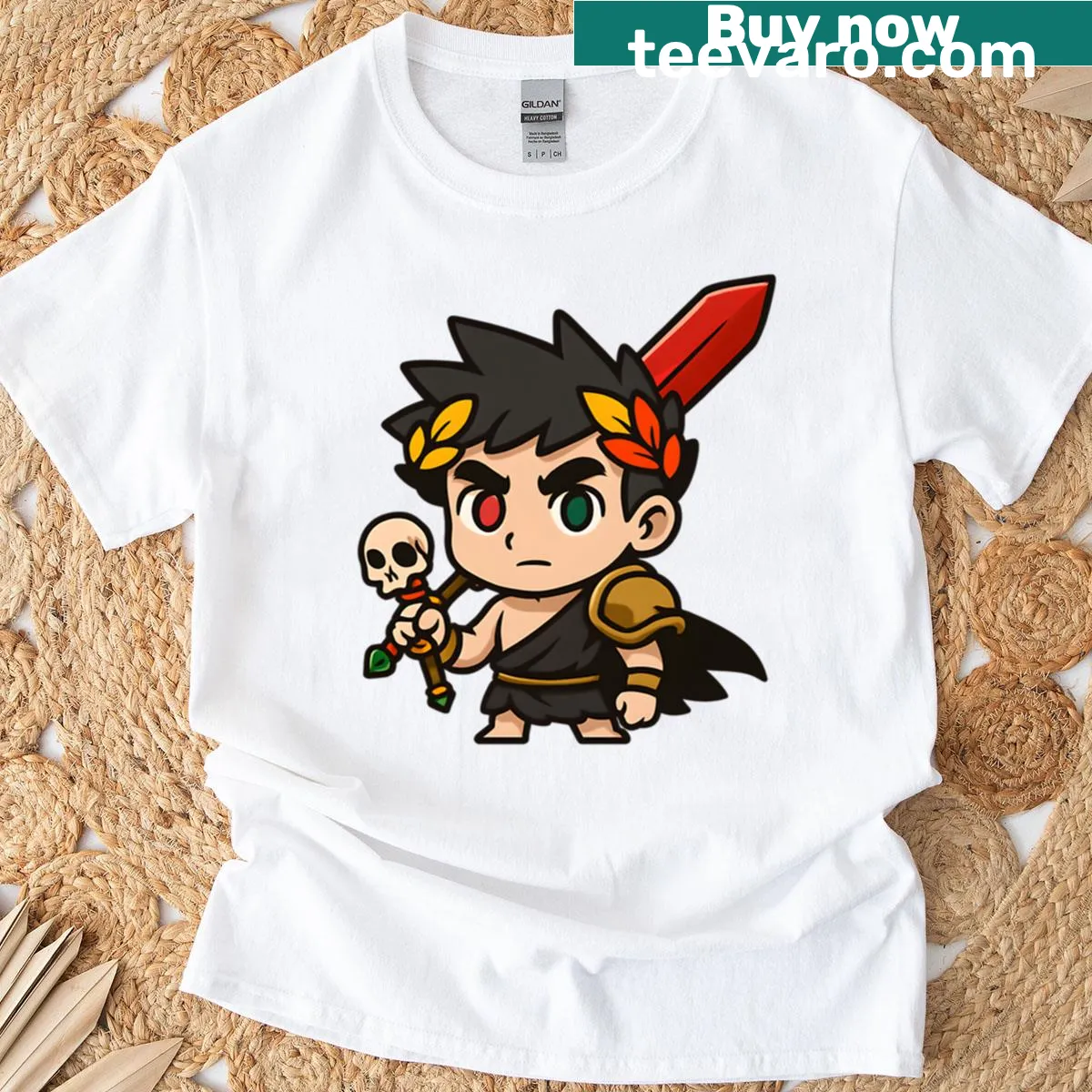 Chibi-style Zagreus and skull design from Hades game — on a men's t-shirt