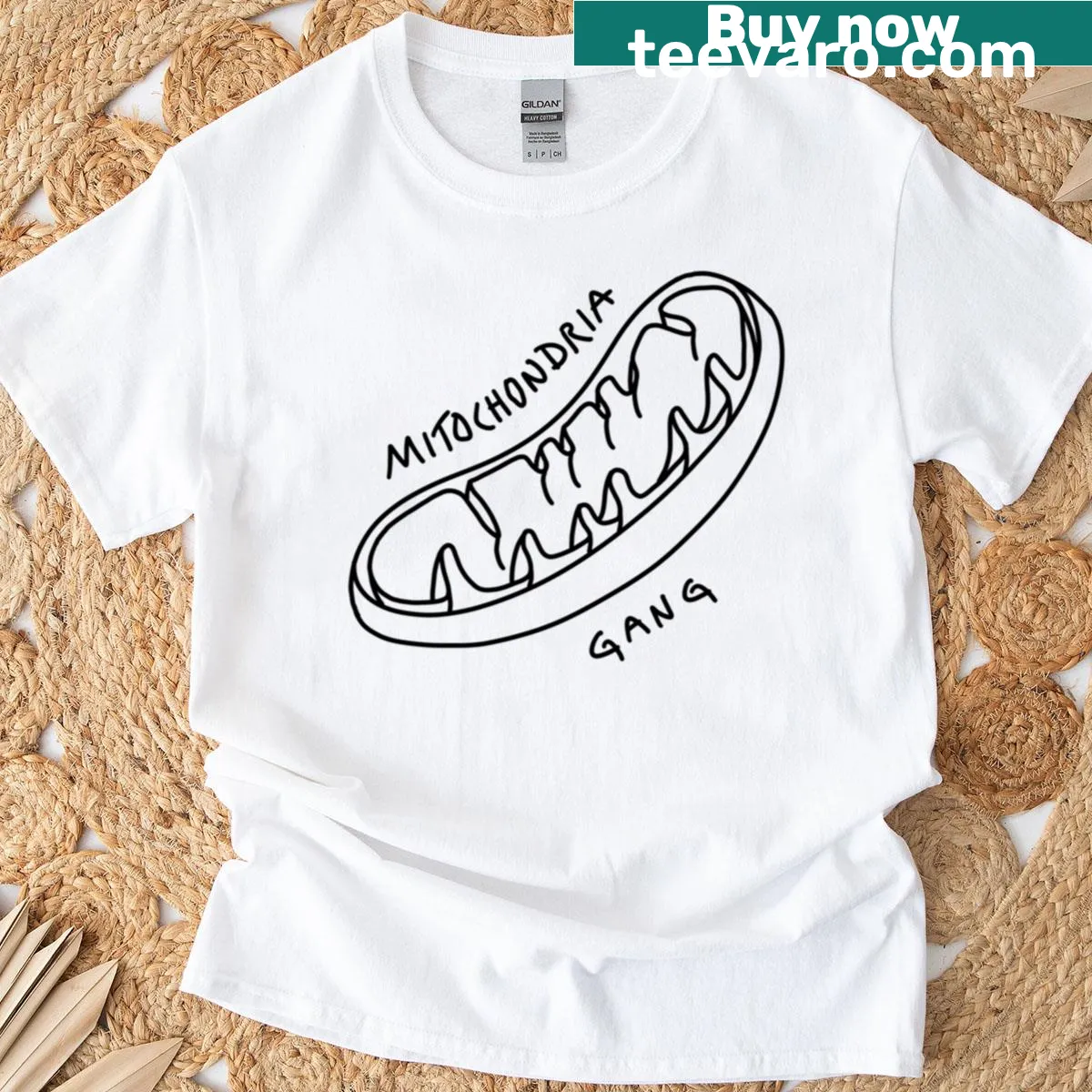 Funny Mitochondria Gang T-shirt with cartoon mitochondria graphic — on a men's t-shirt