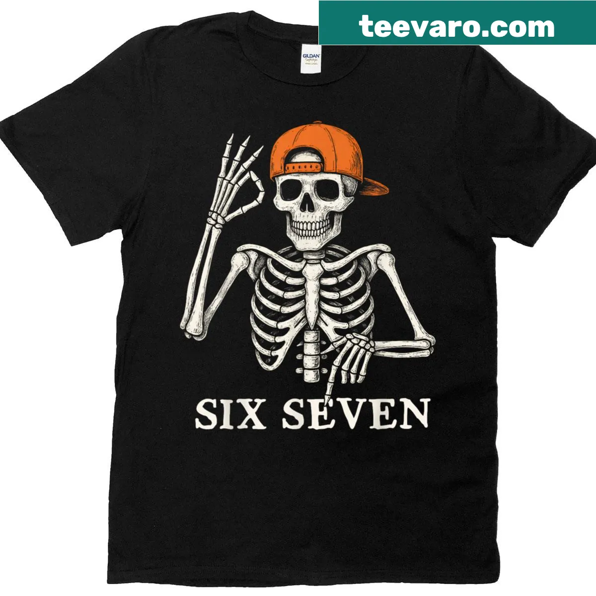 Halloween-themed T-shirt featuring skeleton hands and 6 7 meme — on a men's t-shirt