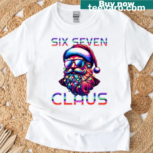 Funny Christmas T-shirt with cartoon Santa and Six Seven phrase
