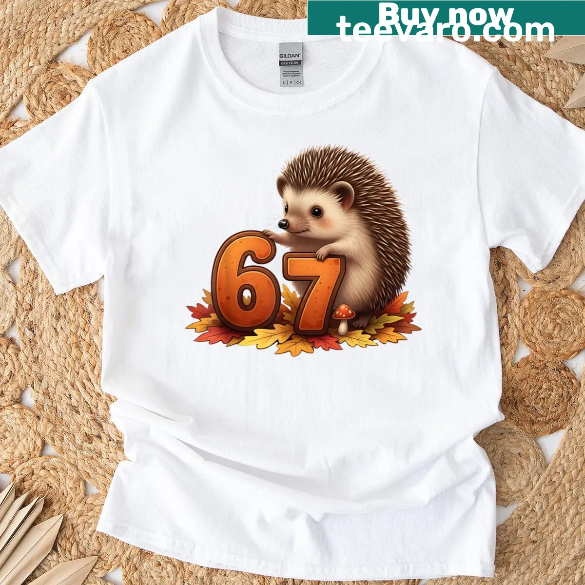 Cute hedgehog T-shirt with '67' meme reference for Gen Alpha. — on a men's t-shirt