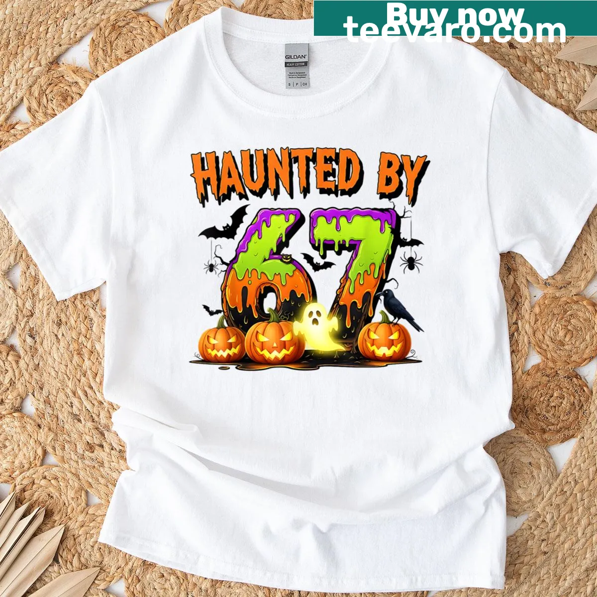 Funny Halloween t-shirt with 'Haunted By 67' text — on a men's t-shirt