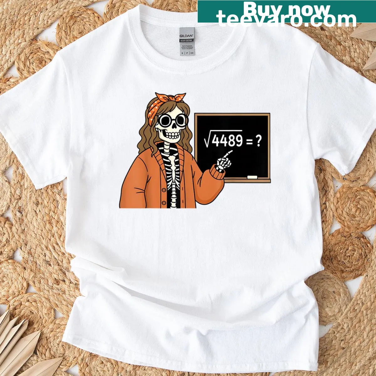 Skeleton teacher T-shirt with Halloween and math graphic. — on a men's t-shirt