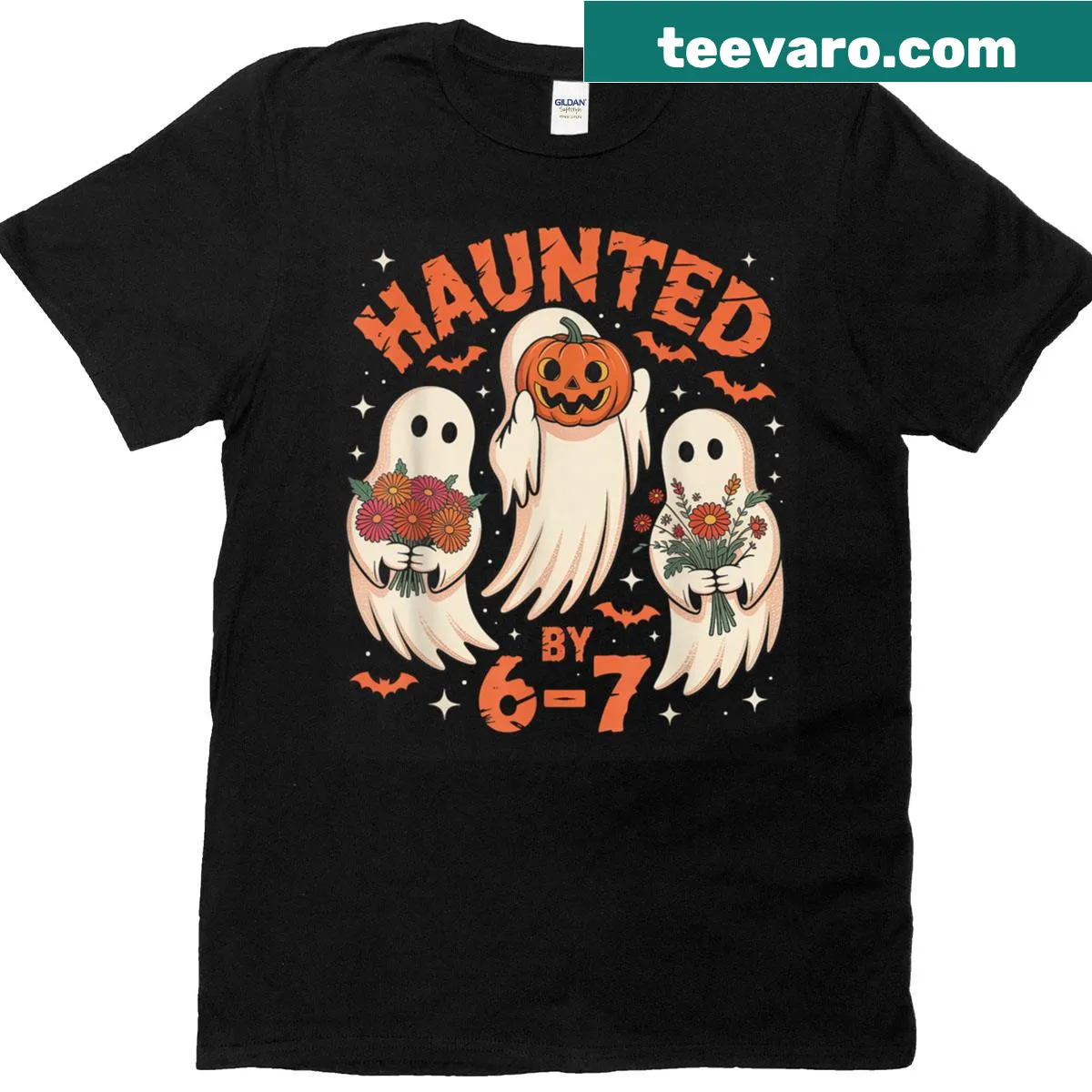Whimsical Halloween t-shirt featuring '67' and spooky design — on a men's t-shirt