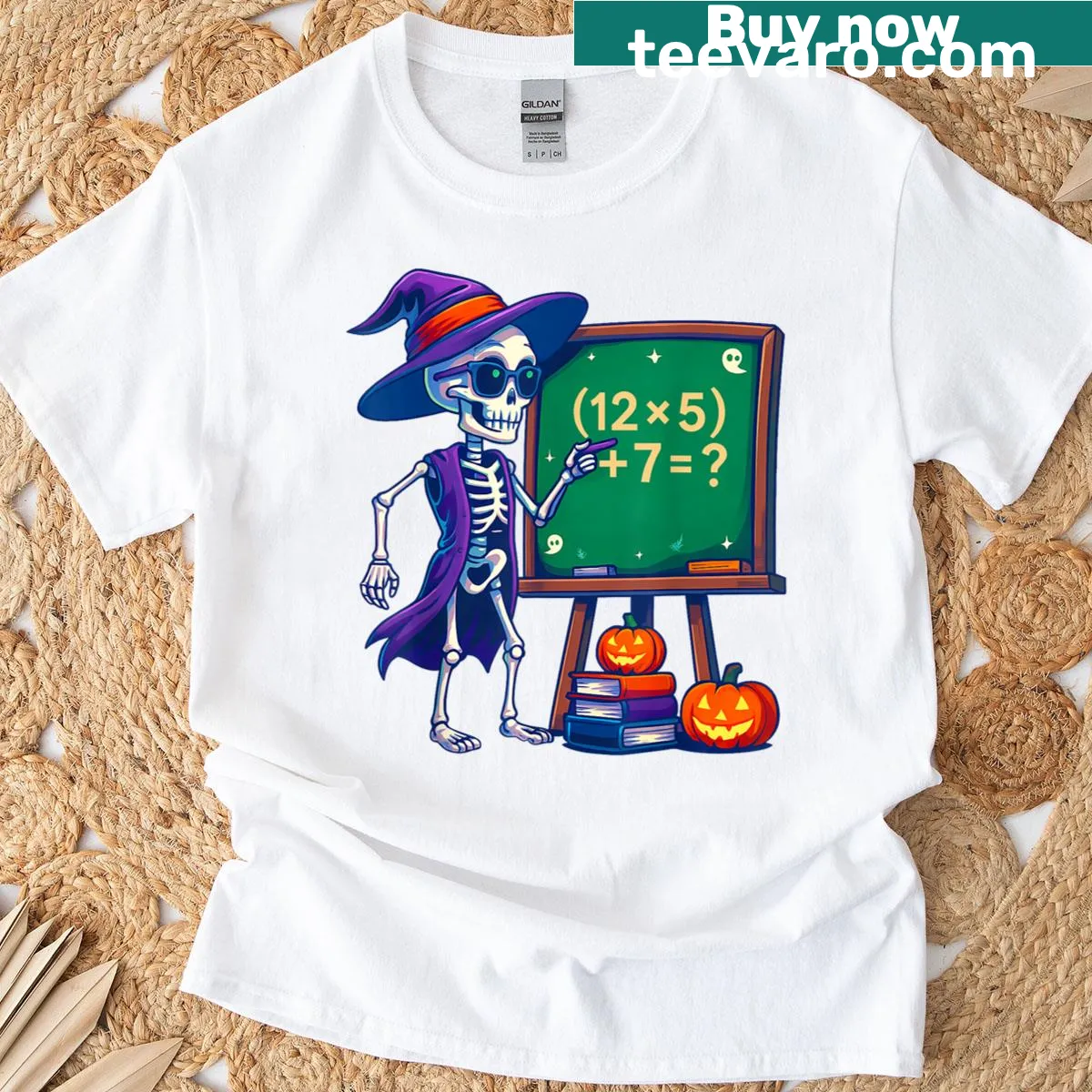 Teacher Halloween T-shirt featuring a skeleton and math themes — on a men's t-shirt