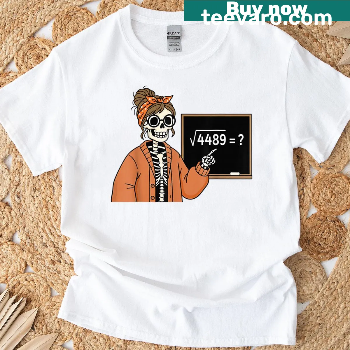 Cartoon skeleton teacher t-shirt with 'Square Root 4489' text — on a men's t-shirt
